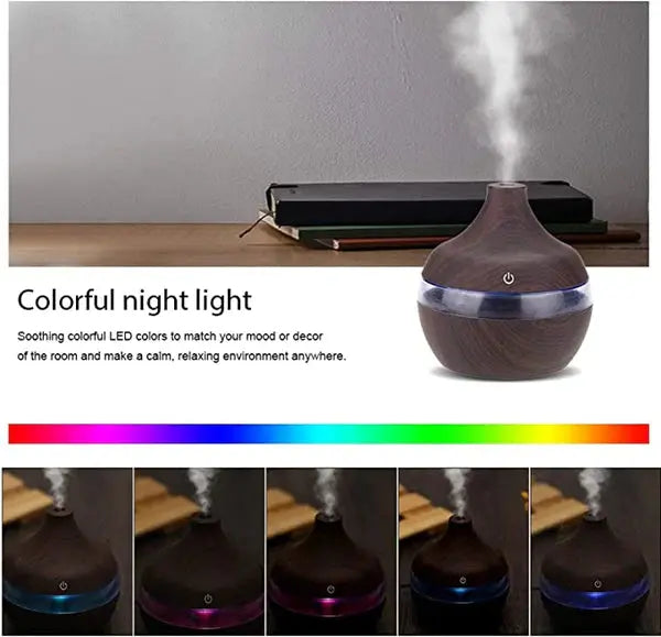 1+1 GRATIS: Difuzor Aromaterapie Cu Ultrasunete Si Umidificator Cu LED, 300 ml, Wenge + 12 uleiuri CADOU Doimeseriasi.ro