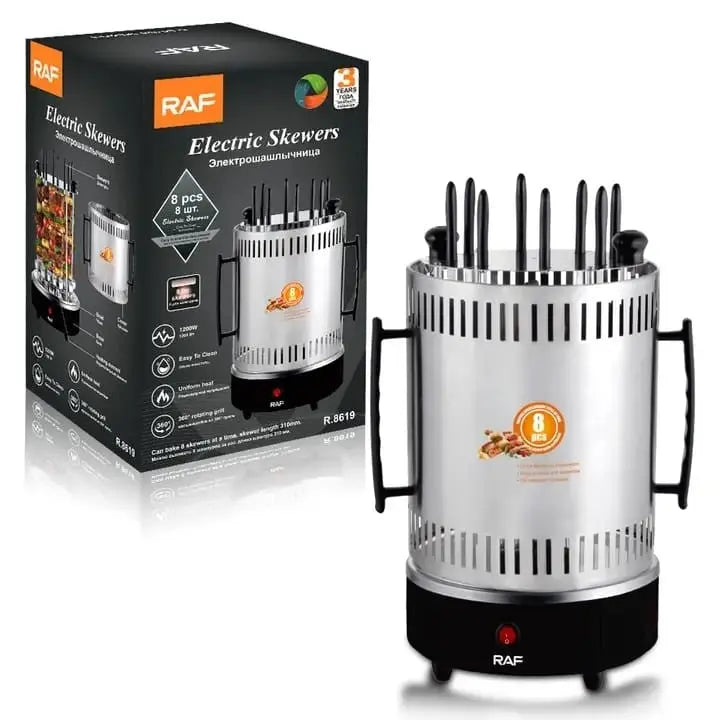 Gratar Electric Vertical RAF-8619, Fara Fum, 1200W, 8 Frigaruie Rotative din Otel Glorio