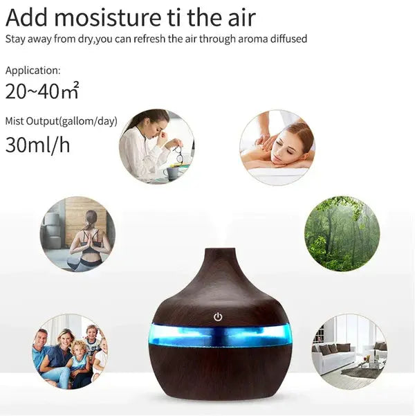 Difuzor Aromaterapie Cu Ultrasunete Si Umidificator Cu LED, 300 ml, Wenge + 12 uleiuri CADOU Doimeseriasi.ro