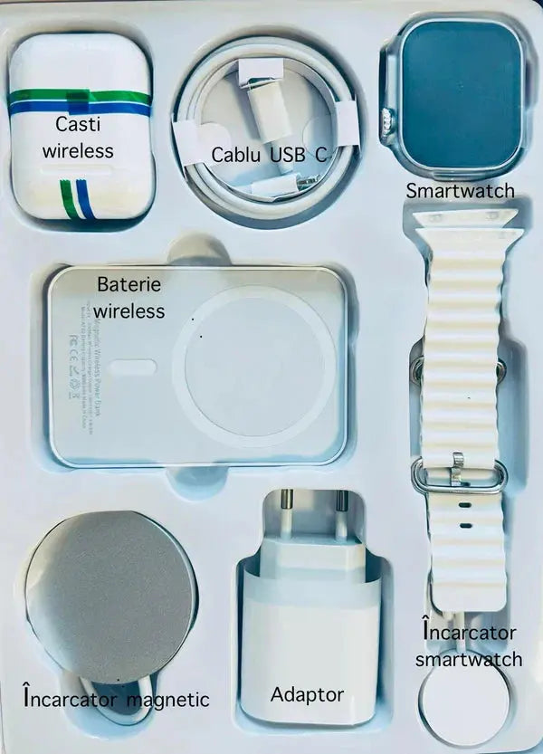 Pachet Smart Unique X8: Ceas Inteligent, Casti Wireless, Baterie Externa Magnetica, Compatibilitate Android/ iOS Doimeseriasi.ro